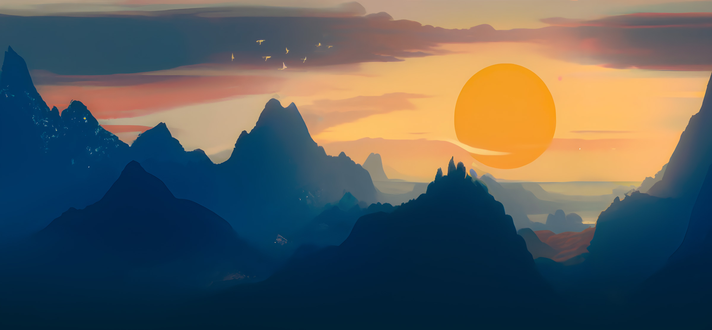 a sunset over a mountain range